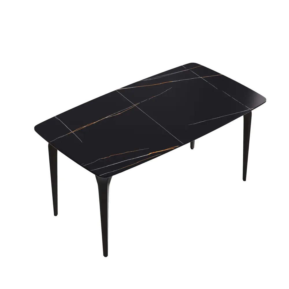 63" Artificial Stone Midnight Curved Black Metal Leg Dining Table, 6 People - Black