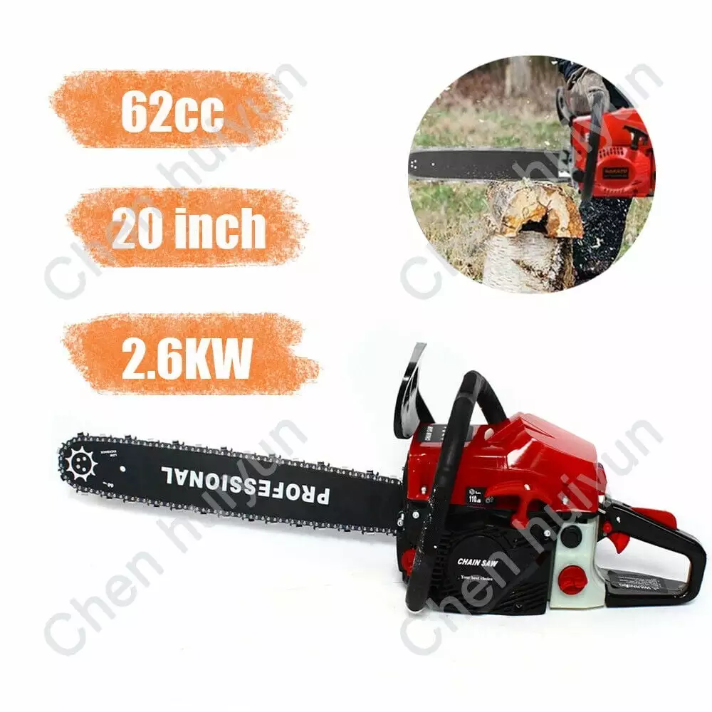 20'' 2-Stroke Cordless Gas Chainsaw Commercial Logging Saw Red 62cc Power Gasoline Saw Wood Cutting Machine Handheld Petro...