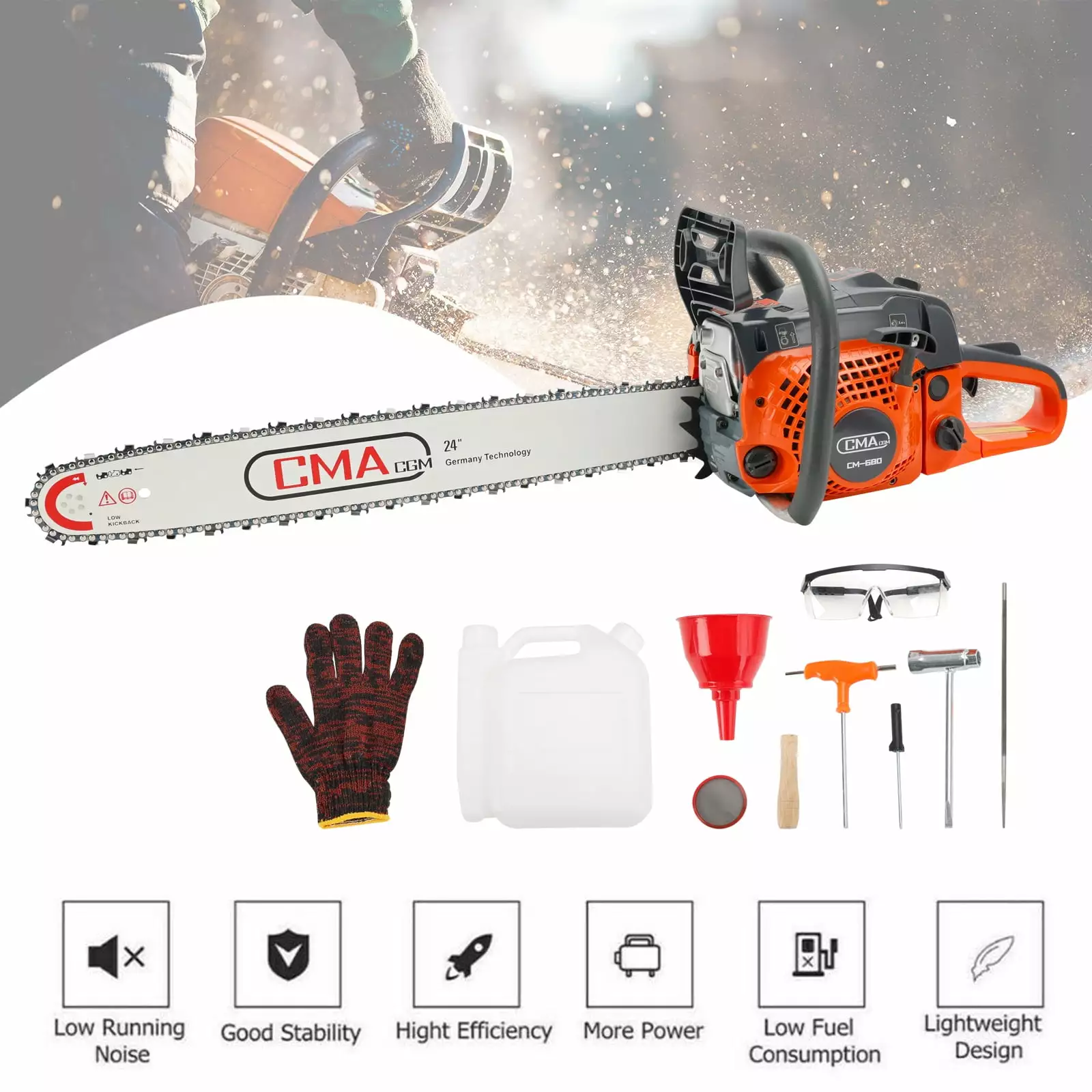 24 68CC Gasoline Chainsaw Cutting Wood Gas Sawing Aluminum Crankcase Chain Saw Amotopart