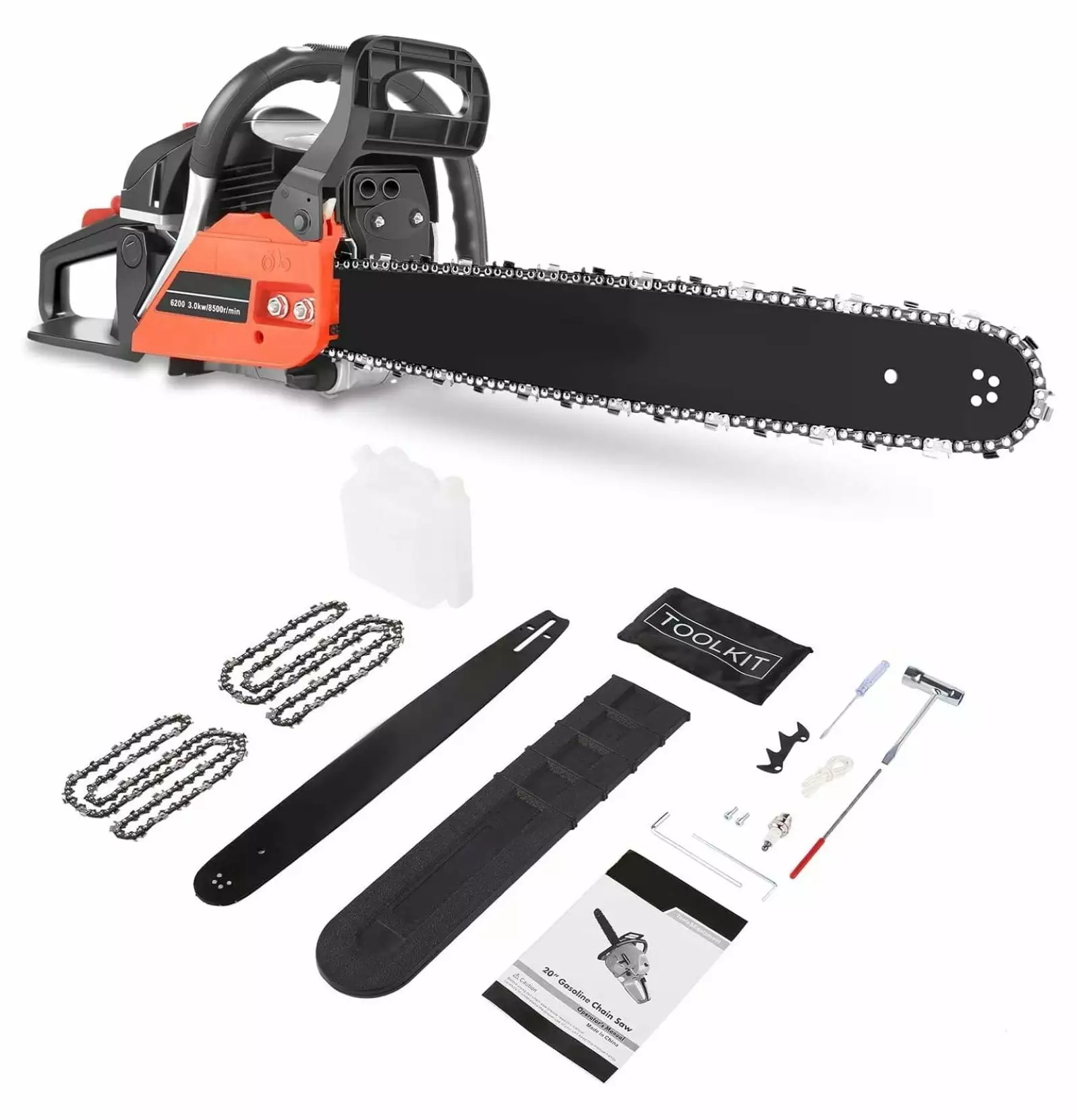 62CC Gas Chainsaw 20 inch Professional Chain saws 2 saw Chains and Tool Kits. 2-cycle 3.5 Gas Powered Chainsaw Wood Cuttin...