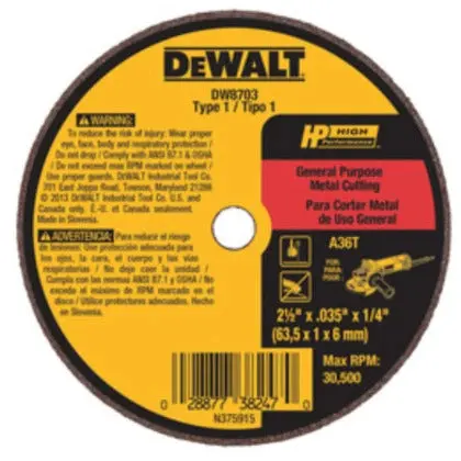Dewalt 254 Die Grinder Wheels Type 1 3-Inch x 035-Inch x 3/8-Inch