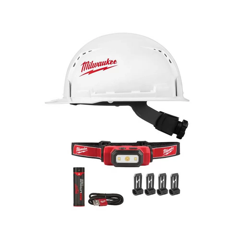 Milwaukee 475 Lumens LED Rechargeable Hard Hat Headlamp BOLT White Type 1 Class C Front Brim Vented Hard Hat