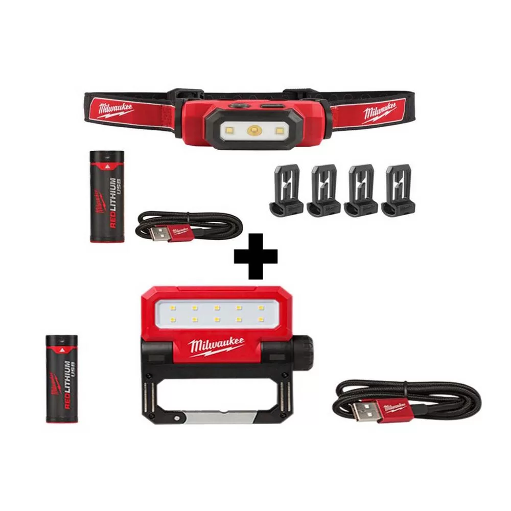 Milwaukee 475 Lumens LED Rechargeable Hard Hat Headlamp and 550 Lumens Pivoting Flood Light 2-Pack