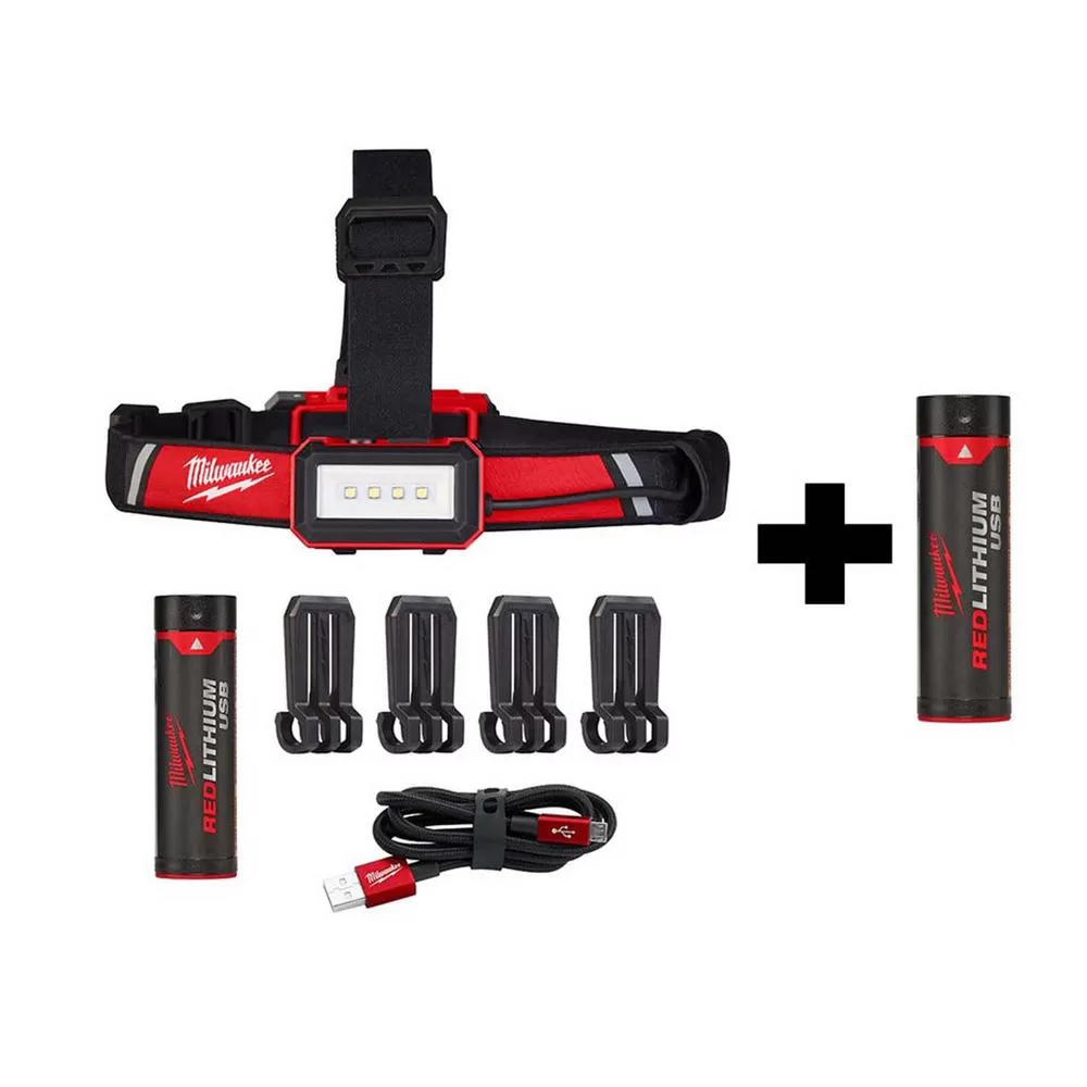 Milwaukee 600 Lumens LED USB Rechargeable Low-Profile Hard Hat Headlamp Extra Battery