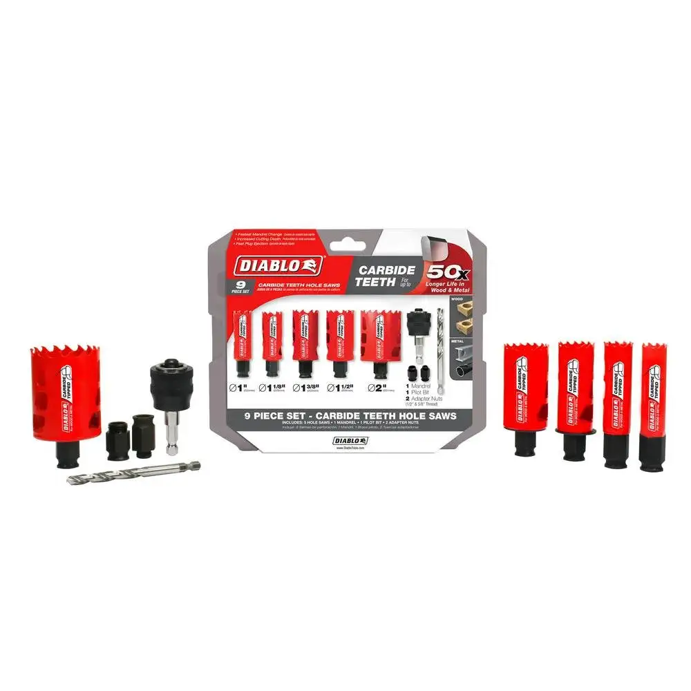 Diablo DHS09SGPCT 9 Piece Carbide Tipped Hole Saw Kit Tough Materials