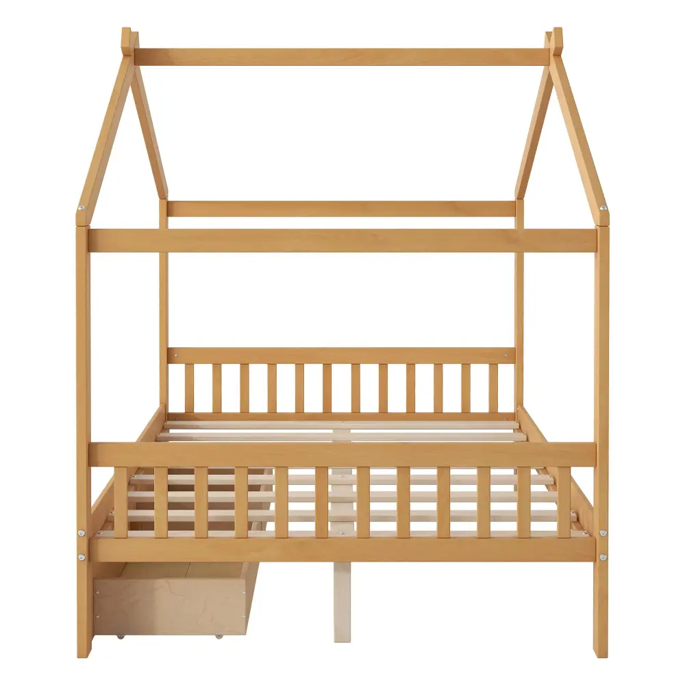 House Style Platform Bed Headboard, Footboard, 2 Drawers, And Roof Design Storage Bins