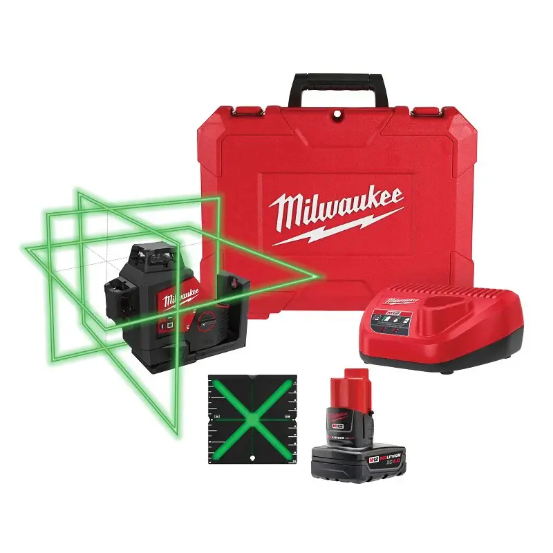 Milwaukee M12 Series 3632-21 3-Plane Laser Kit, 165 ft, +/- 1/8 at 33 ft Accuracy, 3-Beam, Forest Laser