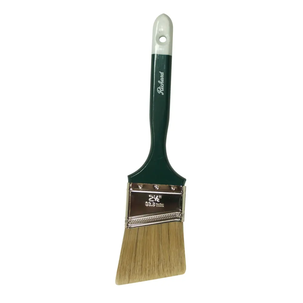 2 1/2’’ Angular Paint Brush, Premier Series, White Bristle, Generous Green Handle, White Toe