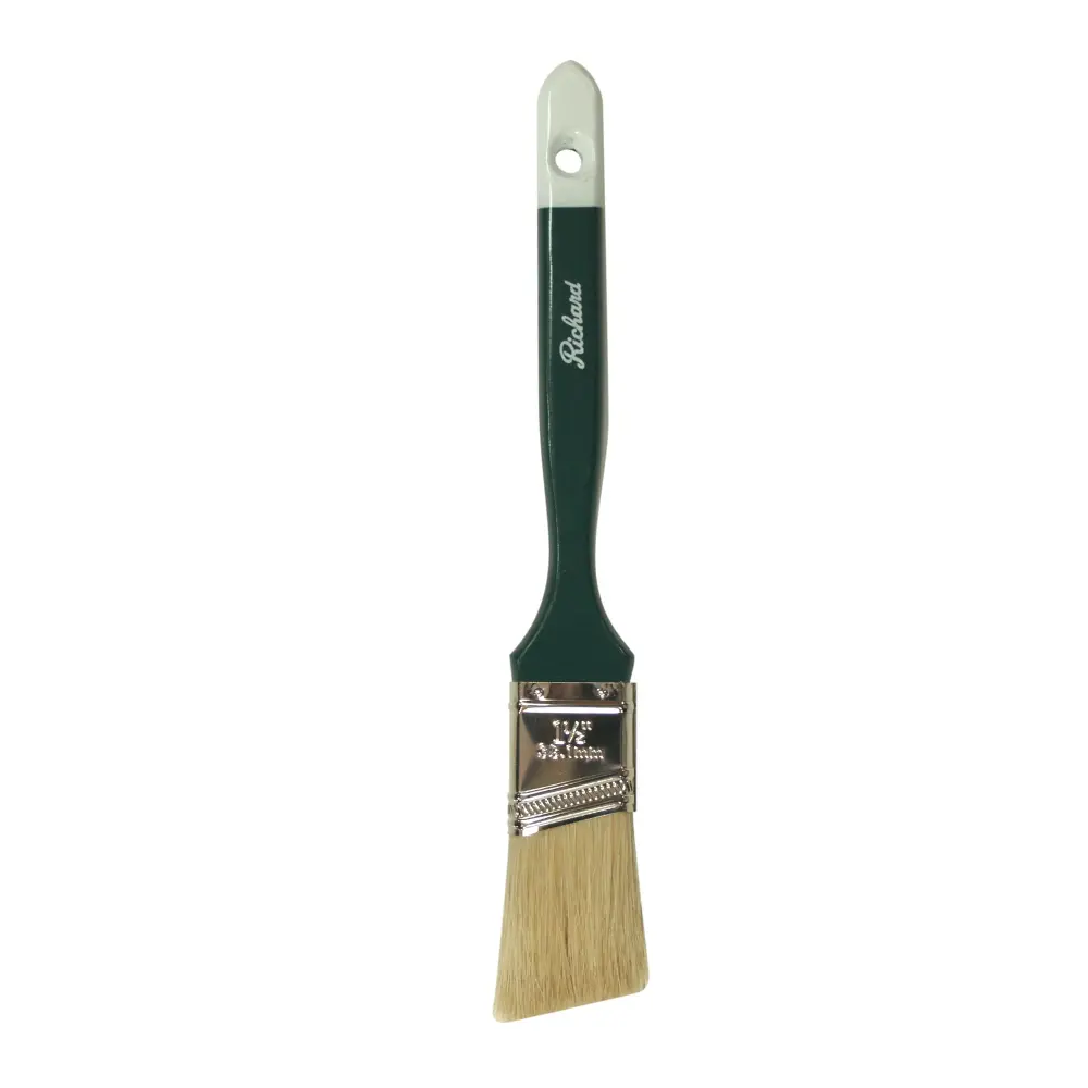 1 1/2" Angular Paint Brush, White Bristle, Extended Green Handle, White Tip Window Frames