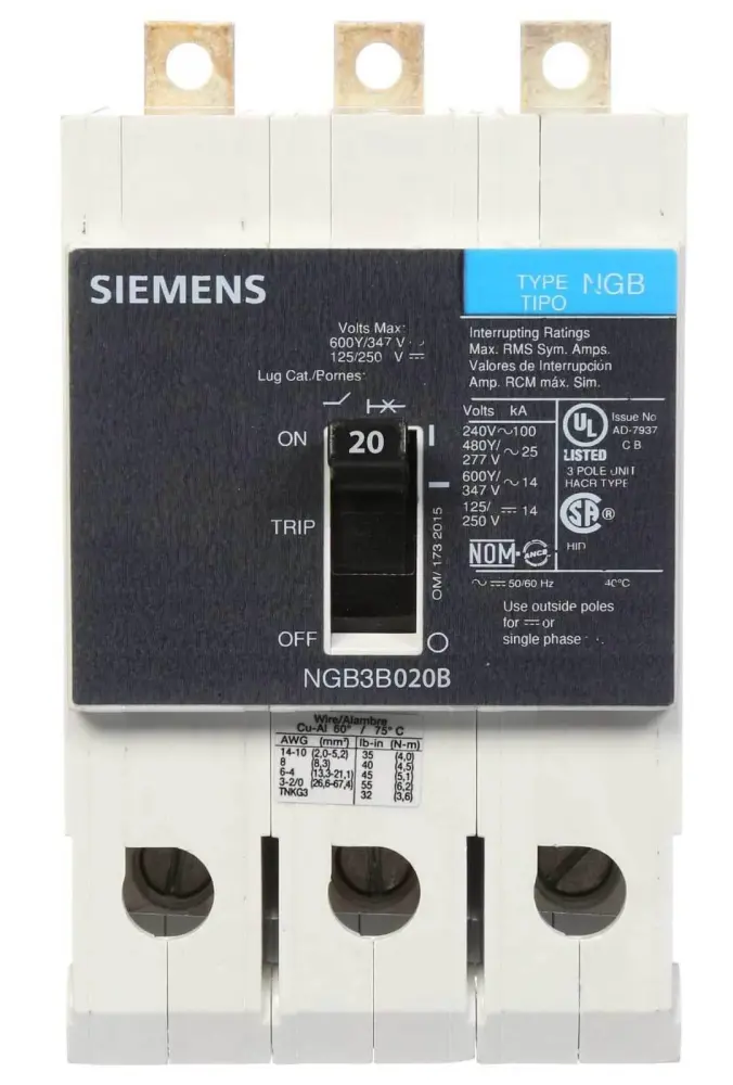 NGB3B020B Siemens Panelboard Fix G Frame Circuit Breaker, 3P 480V