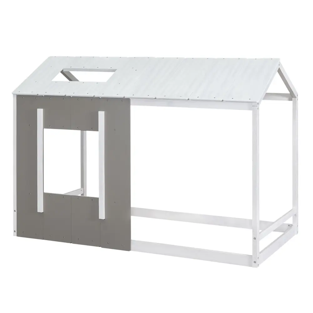 Twin Size House Platform Bed Roof And Window - Natural / Pearl