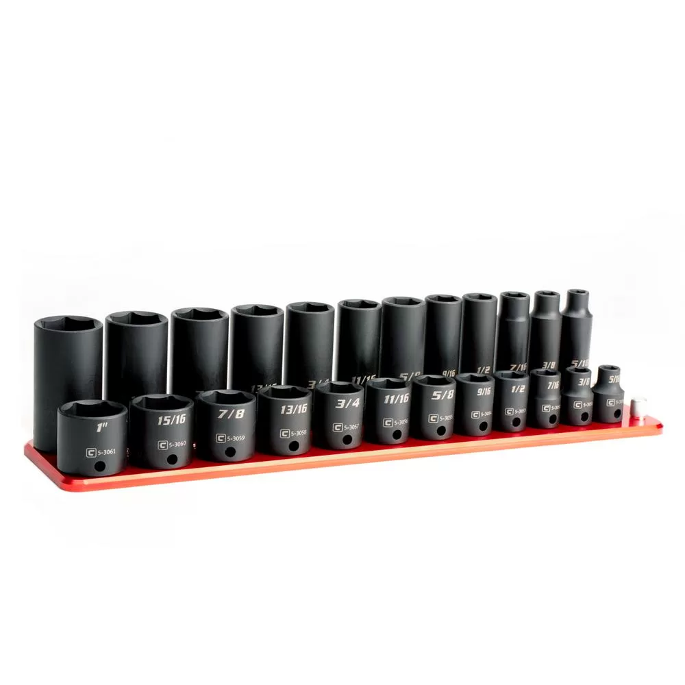 Capri Tools 3/8 . Drive SAE Shallow and Deep Impact Socket Set Billet Aluminum Socket Rail (24-Piece)