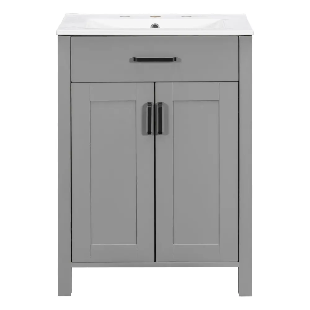 Bathroom Vanity Ceramic Sink, Cushiony Close Doors, Flip Drawer, Double Layer Door Shelves