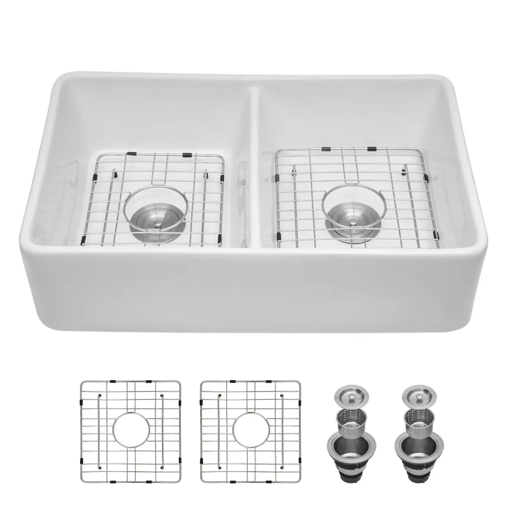 Double Bowl Apron Front Kitchen Sink 32", Solid And Scratch Resistant - White