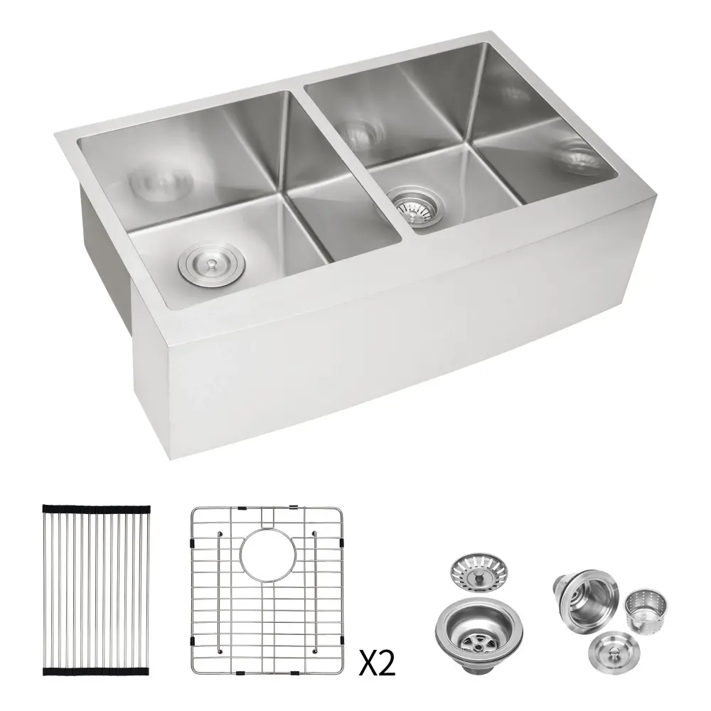 Double Bowl Farmhouse Sink, Stainless Hardened Apron Front Kitchen Sink 16 Gauge - Brushed Nickel