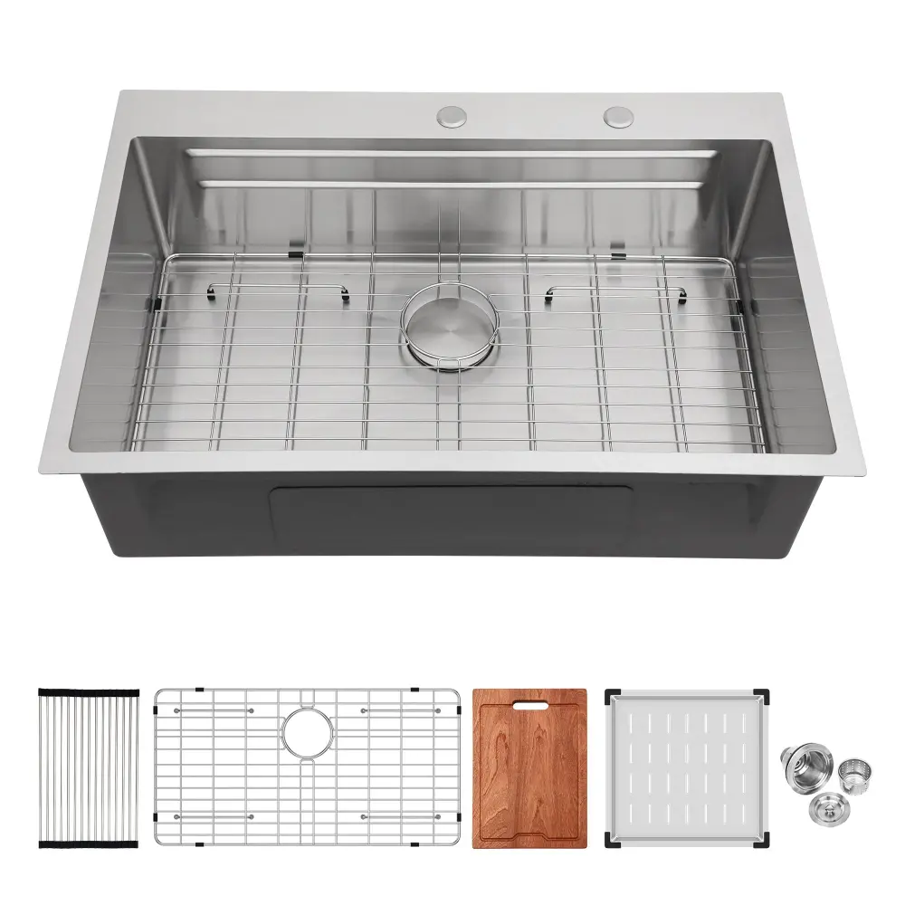 33" Drop Kitchen Sink One-only Bowl 16 Gauge Stainless Steel Ledge Workstation - Black