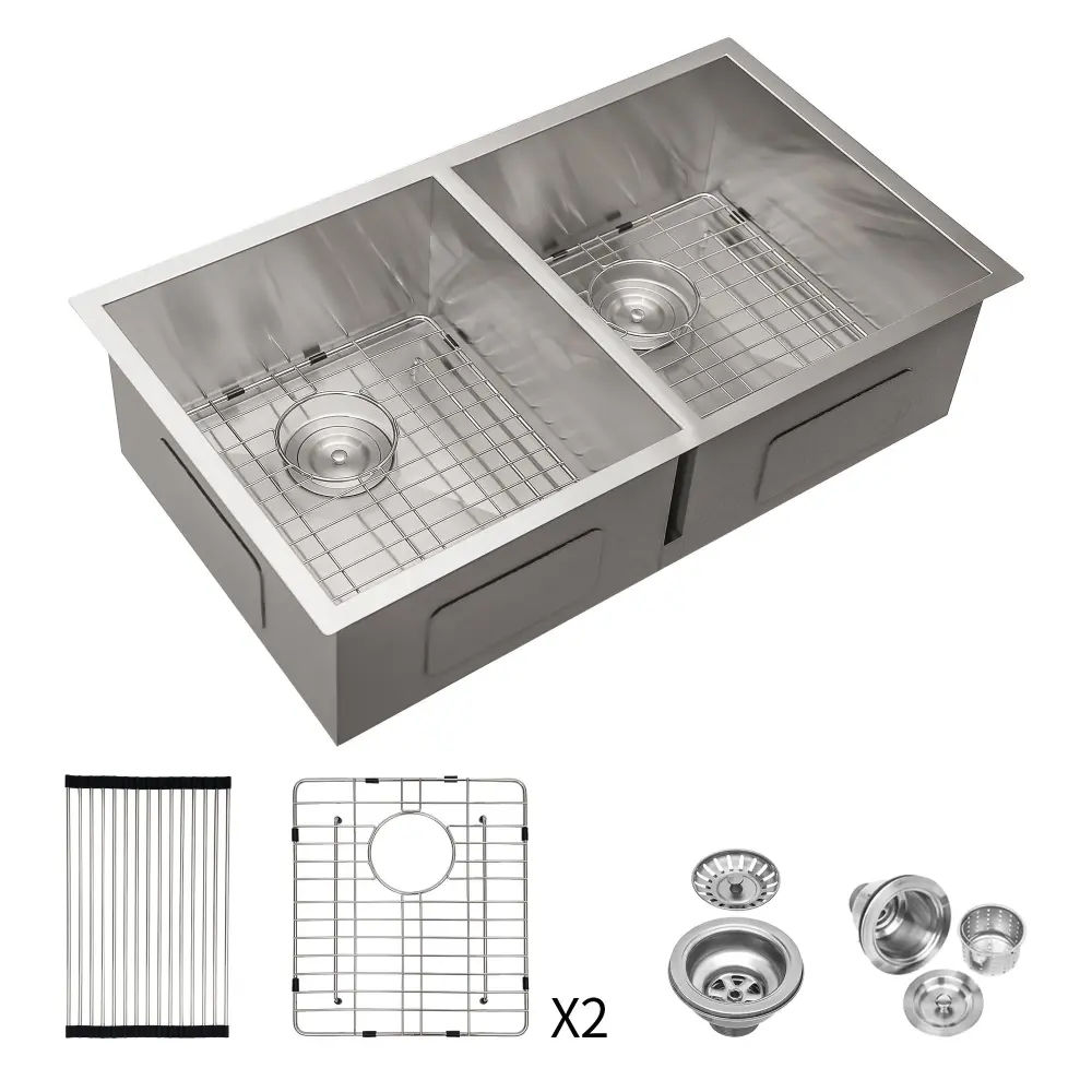 16 Gauge Undermount Paired Bowl Kitchen Sink 9" Deep Bowls - Brushed Nickel