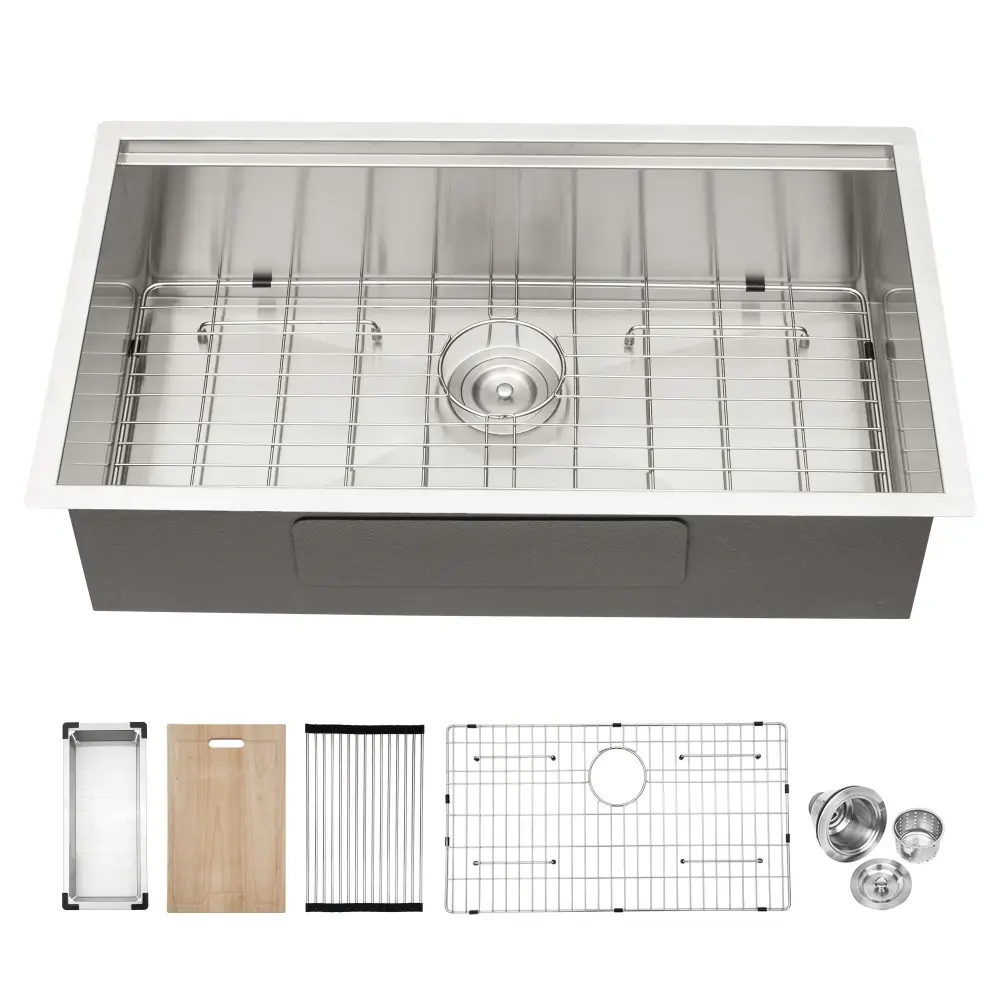 32" Undermount Kitchen Sink Matte Nickel 16 Gauge Stainless Steel Single Bowl Ledge Workstation, 32 X 19 X 9 Inch