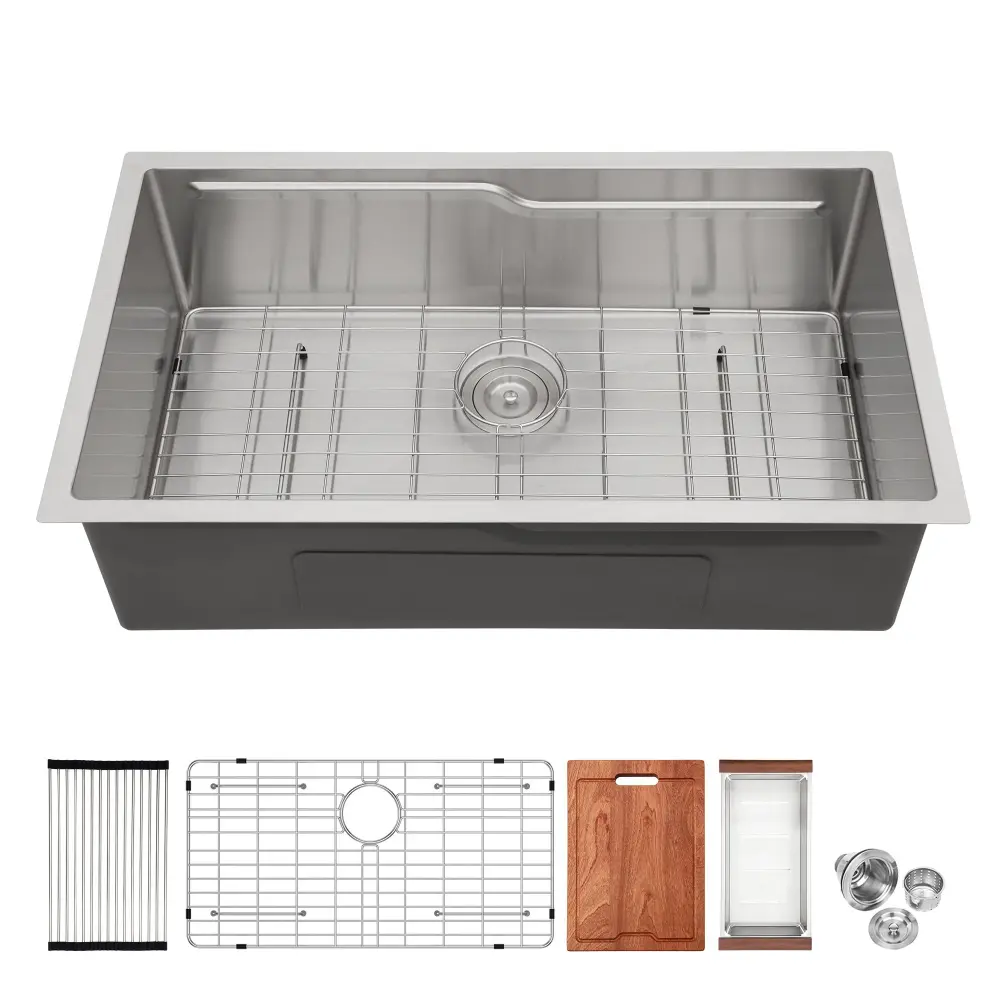 33" Undermount Kitchen Sink Singular Bowl Ledge Workstation 16 Gauge Stainless Steel - White