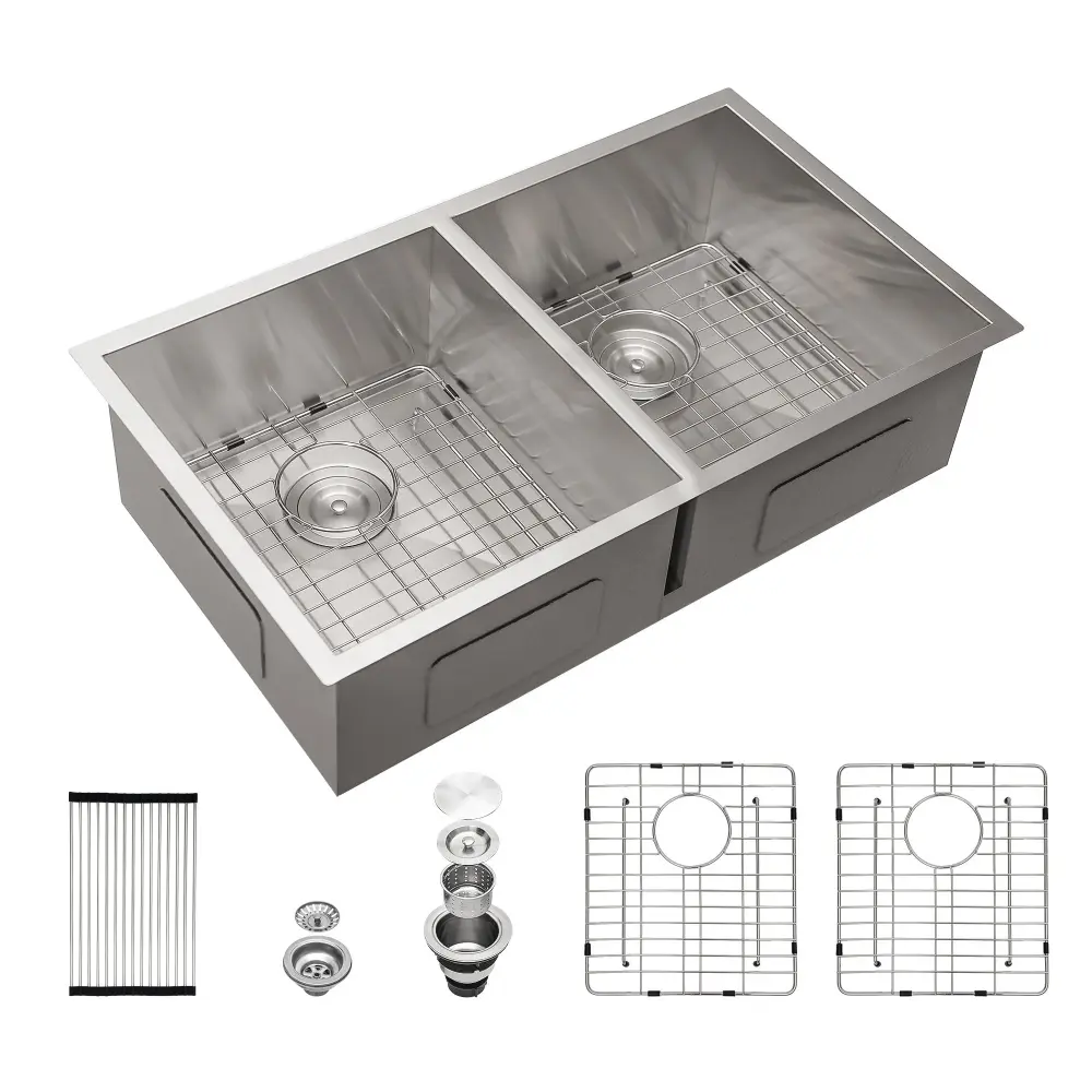 Undermount Paired Bowl Kitchen Sink 16 Gauge 9" Deep Basin - Brushed Nickel