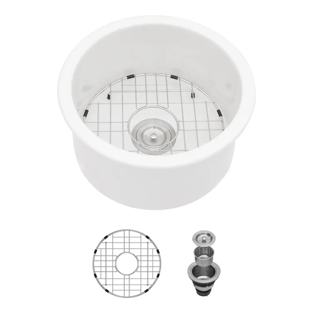 Ceramic Circular Kitchen Sink Drain Assembly And Bottom Grid, 18" Dual Position - White