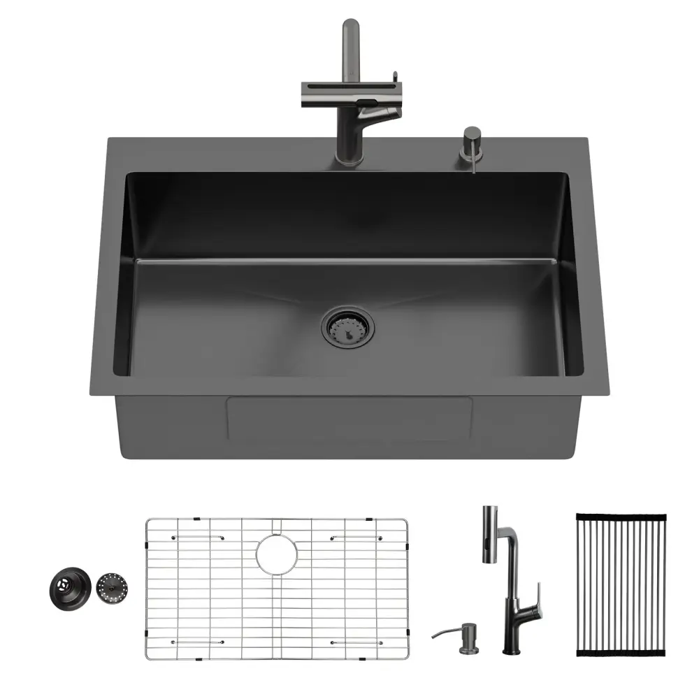 Drop- Stainless Chromed Kitchen Sink Pull-Out Faucet And Soap Dispenser