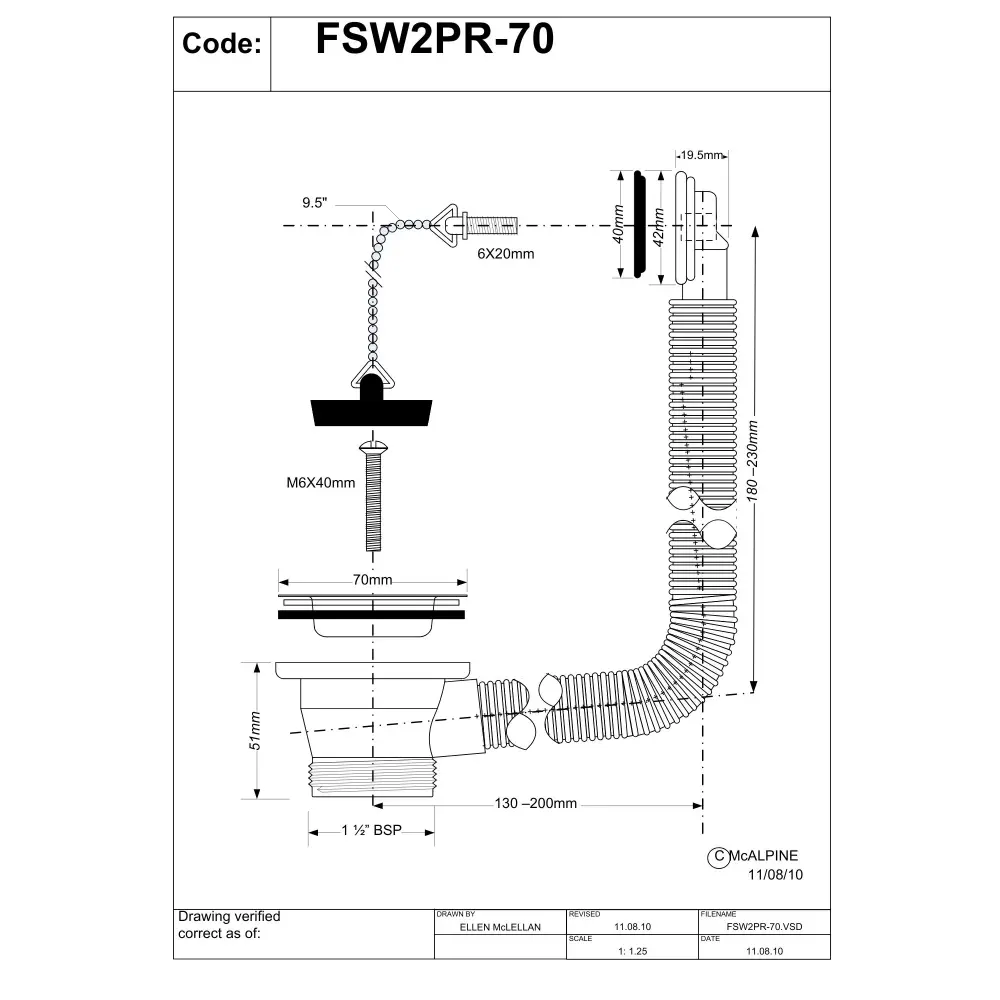McAlpine 1.5" Combined Sink Waste and Overflow - 70mm Flange FSW2PR-70