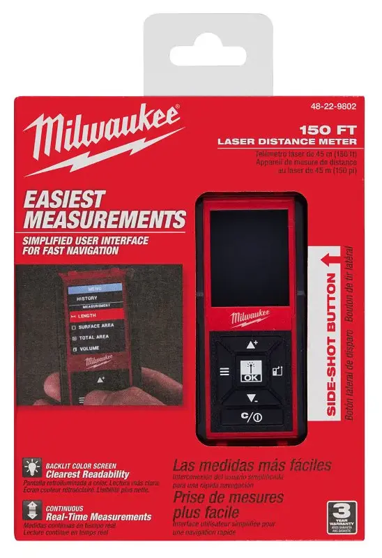 Folding Wooden Rule Milwaukee 48-22-9802 Laser Distance Meter, 150 ft, Backlit Display