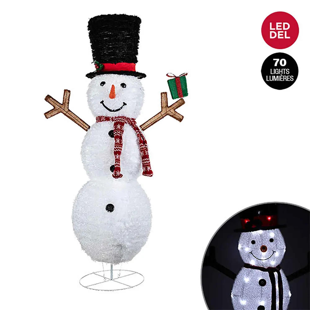 Snowman Hat, Scarf and Gift Statue Illuminated 70 Twinkling LED Lights, 52"