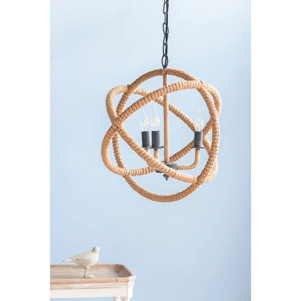 3 Light Farmhouse Chandelier, Rope Chandelier Globe Hanging Airy Fixture Adjustable Chain Kitchen, Bulb Not Included - Bei...