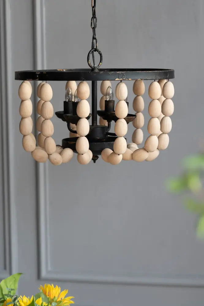 4 Light Wood Chandelier, Hanging Portable Fixture Adjustable Chain Kitchen, Bulb Not Included - Cream