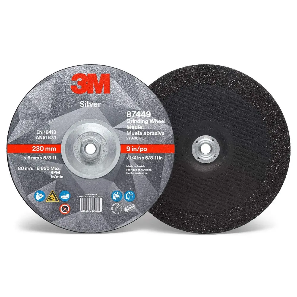 3M 87449 Silver Depressed Center Grinding Wheel, 9" x 1/4" x 5/8-11" T27, Earthenware Grain, 36 Grit, Lot 20