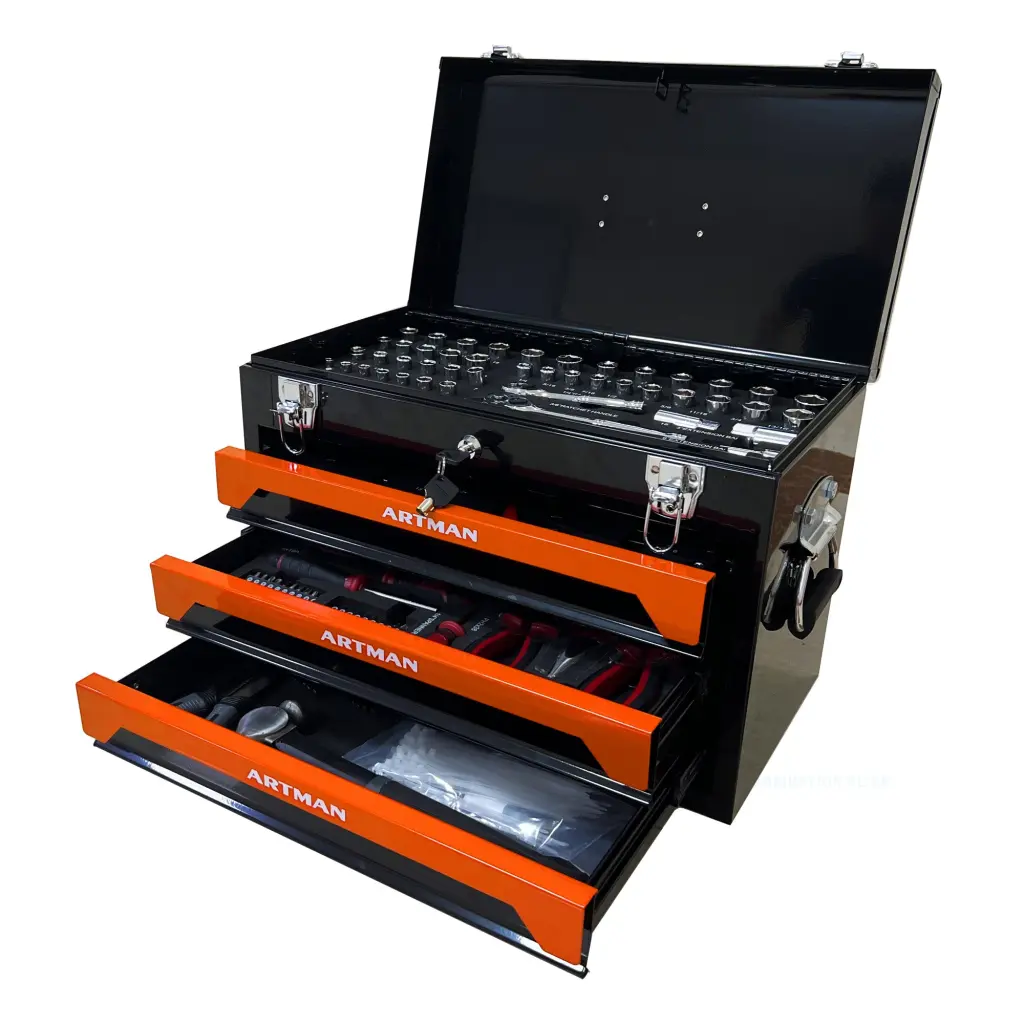 3 Drawers Orange Alloy Metal Tool Box Complete Tool Set artman