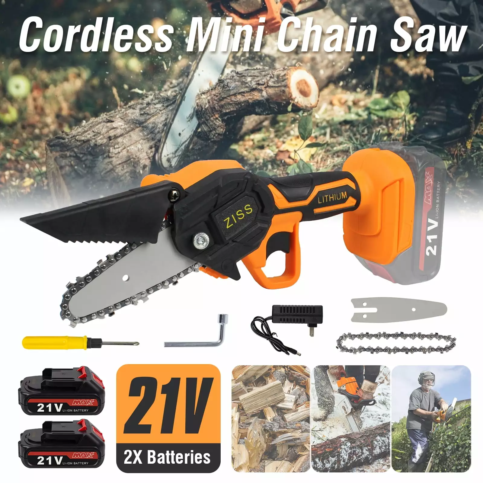 Bemico 21V Cordless 4 Electric Mini Chainsaw 550W One-Hand Saw Wood Cutter Cutting Tool 2 Batteries