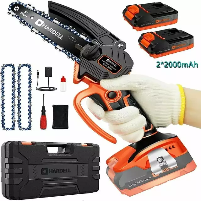 HARDELL 6 Mini Chainsaw Cordless 2 Batteries 2 Chains. 6-inch Travel-friendly Handheld Chain saw Wood Cutter. 21V Battery ...