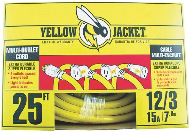 Yellow Jacket 2830 Multi-Outlet Extension Cord Power Light Plug 25 Feet