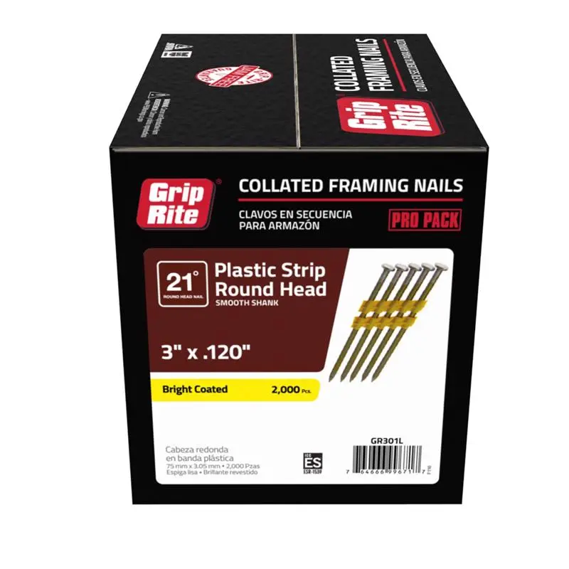 Grip-Rite 3 Inch L X 11 Ga Angled Strip Bright Framing Nails 21 Degree 2000 Pack