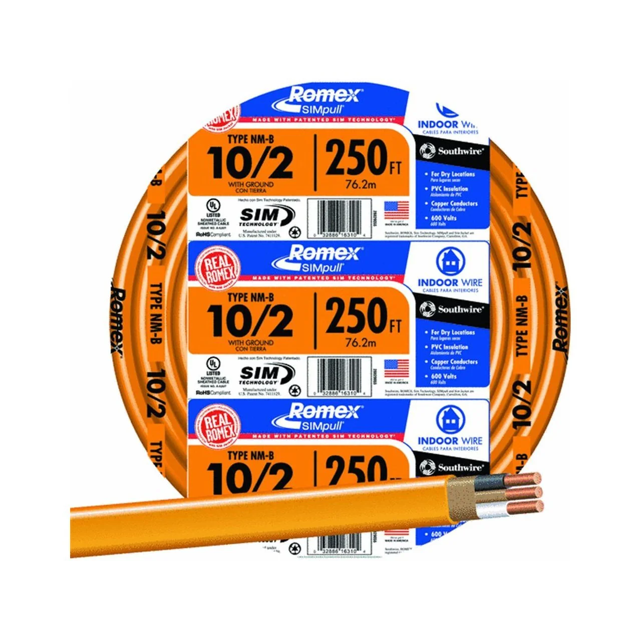 Southwire 28829055 Romex Non-Metallic Sheathed Cable w/Ground 10/2 Copper 250'