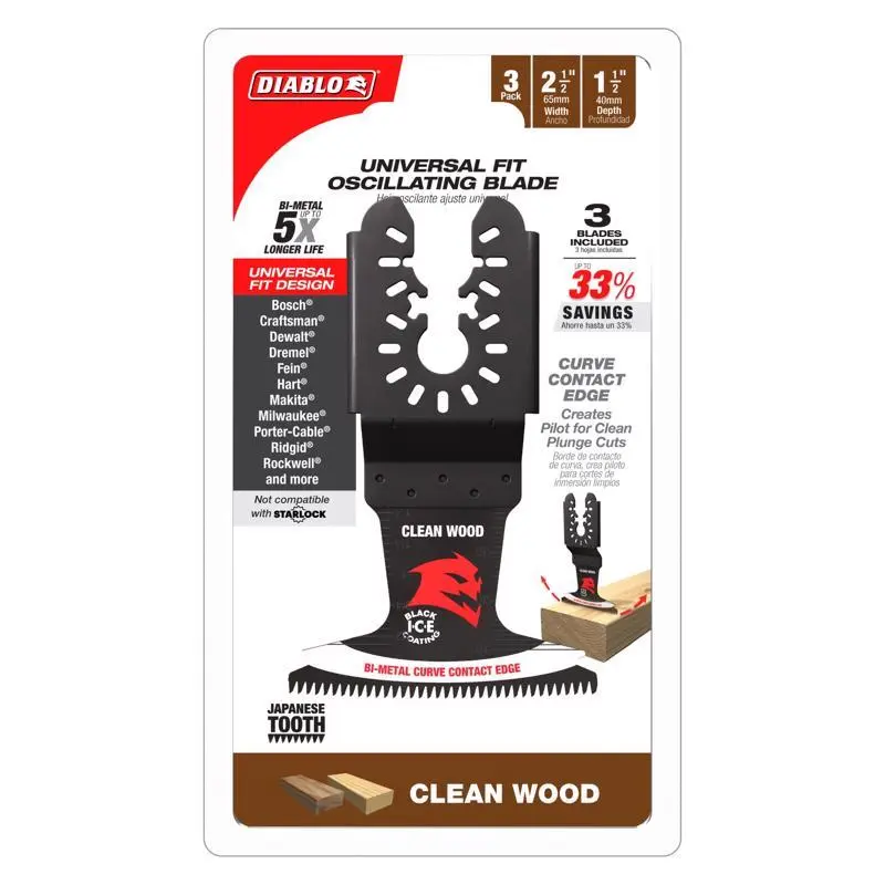 Diablo 2-1/2 Inch Bi-Metal Curved Contact Edge Oscillating Blade Clean Wood 3 Pack