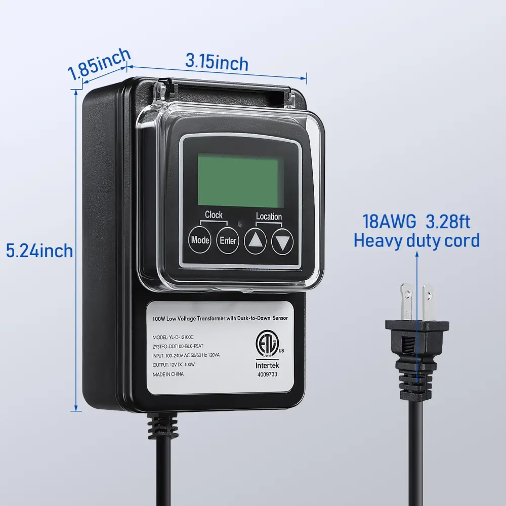 Outdoor Low Voltage Transformer Timer & Photocell Buoyant Sensor- 12V 100W DC Output
