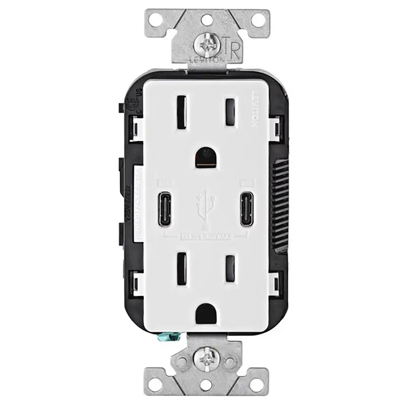 Leviton Decora 15 amps 125 V Duplex and Type C White Outlet and USB Charger 1 Pack