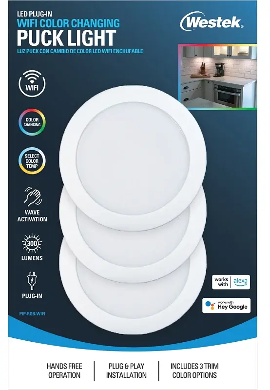 Westek PIP-RGB-WIFI WiFi and Motion Controlled Puck Portable, 120 V, 3.5 W, 3-Lamp, LED Lamp, 300 Lumens