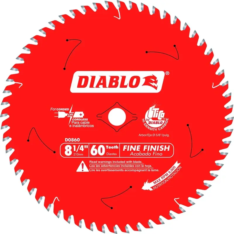 Diablo D0860X Saw Blade, 8-1/4 Dia, 5/8 Arbor, 60-Teeth, Carbide Cutting Edge