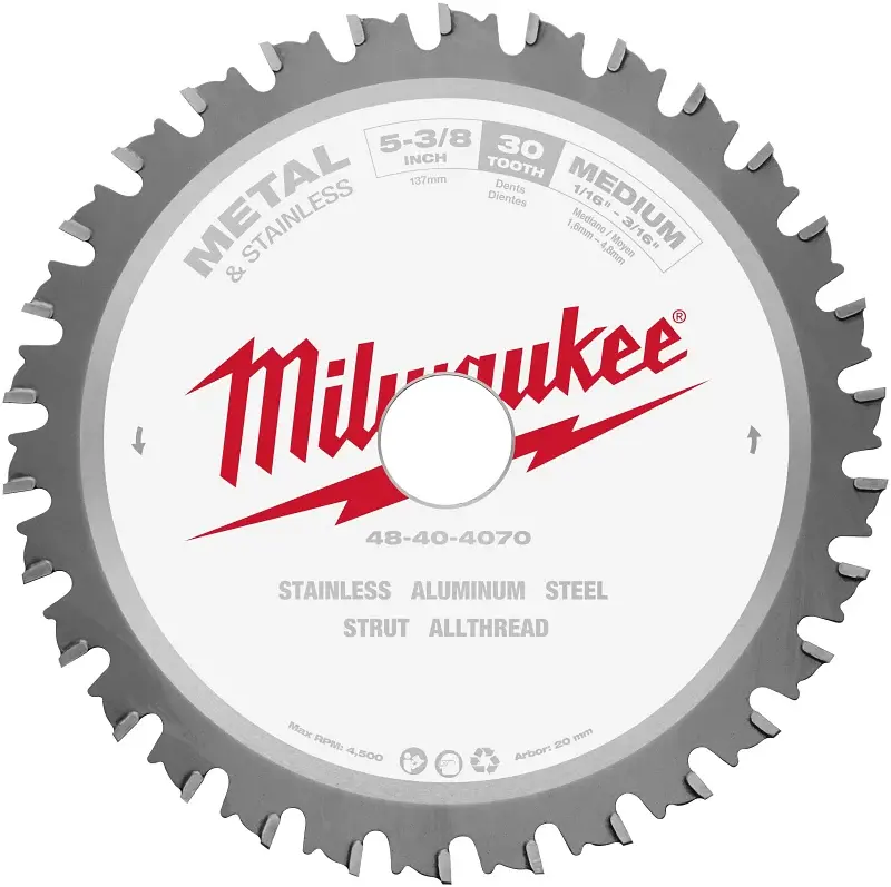 Milwaukee 48-40-4070 Circular Saw Blade, 5-3/8 Dia, 20 mm Arbor, 30-Teeth, Carbide Cutting Edge