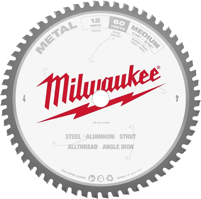 Milwaukee 48-40-4265 Circular Saw Blade, 12 Dia, 1 Arbor, 60-Teeth, Carbide Cutting Edge