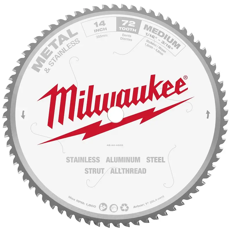 Milwaukee 48-40-4505 Circular Saw Blade, 14 Dia, 1 Arbor, 72-Teeth, Carbide Cutting Edge