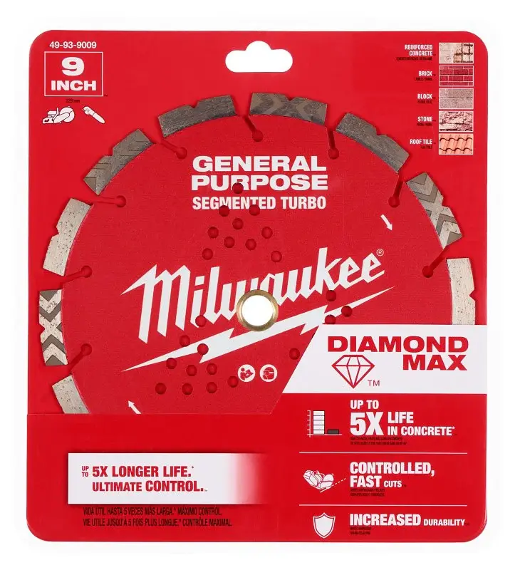 Milwaukee DIAMOND MAX 49-93-9009 Turbo General-Purpose Saw Blade, 9 Dia, 7/8 -5/8 Arbor, Segmented Rim