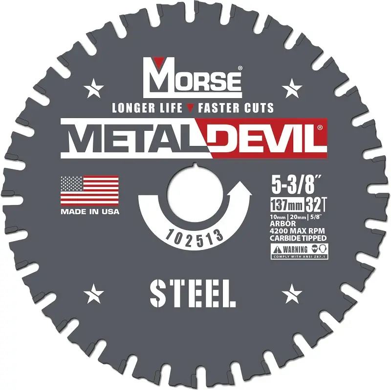 Morse Metallic Devil 102513 Circular Saw Blade, 5-3/8 Dia, 5/8 Arbor, 32-Teeth, Applicable Materials: Iron, Steel