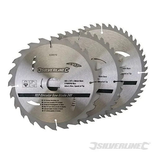 Silverline TCT Circular Saw Blades 24, 40, 48T 3pk 205 x 30 - 25, 18, 16mm Rings - 408979