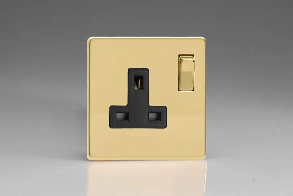 Smart Home Varilight Flat Plate Screwless Polished Warm alloy 1-Gang 13A Switched Plug Socket Black Insert